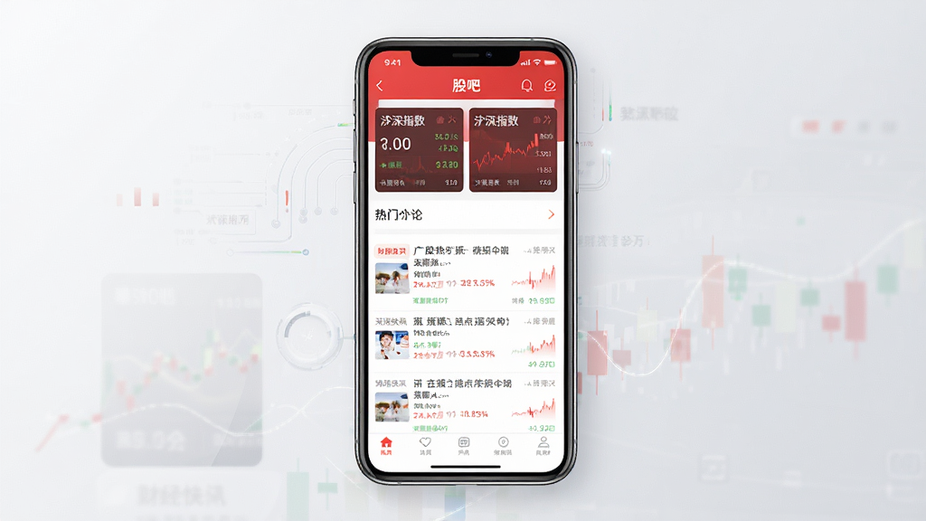 股吧应用主界面全貌展示,画面中央放置一部智能手机,屏幕内清晰呈现股吧APP的首页布局,上方为沪深指数行情卡片,下方滚动展示热门个股讨论帖与财经快讯,整体采用红白配色,背景为简洁的浅灰色渐变,风格现代科技感,细节丰富,画质清晰,干净无多余元素