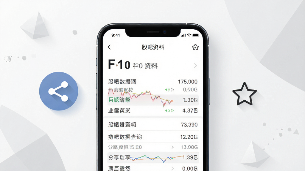 股吧数据查询与分享功能展示,画面中一部手机展示股吧F10资料页面,旁边有分享图标与收藏星标,背景为简洁的白色与浅灰色几何图形,风格商务简约,细节清晰,画质干净,无多余装饰元素