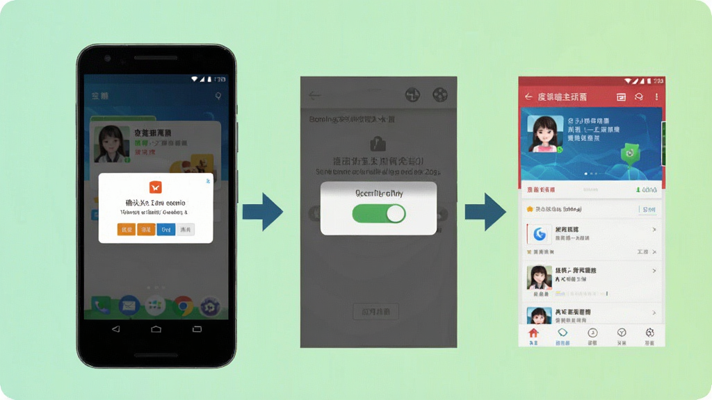 股吧移动端安装与权限设置示意图,画面展示一部安卓手机,屏幕上依次呈现安装确认弹窗、权限允许开关、应用主界面三个步骤的截图,旁边配有箭头指引,背景为清爽的浅绿色渐变,风格简洁教程风,细节清晰,画质干净,无多余文字元素