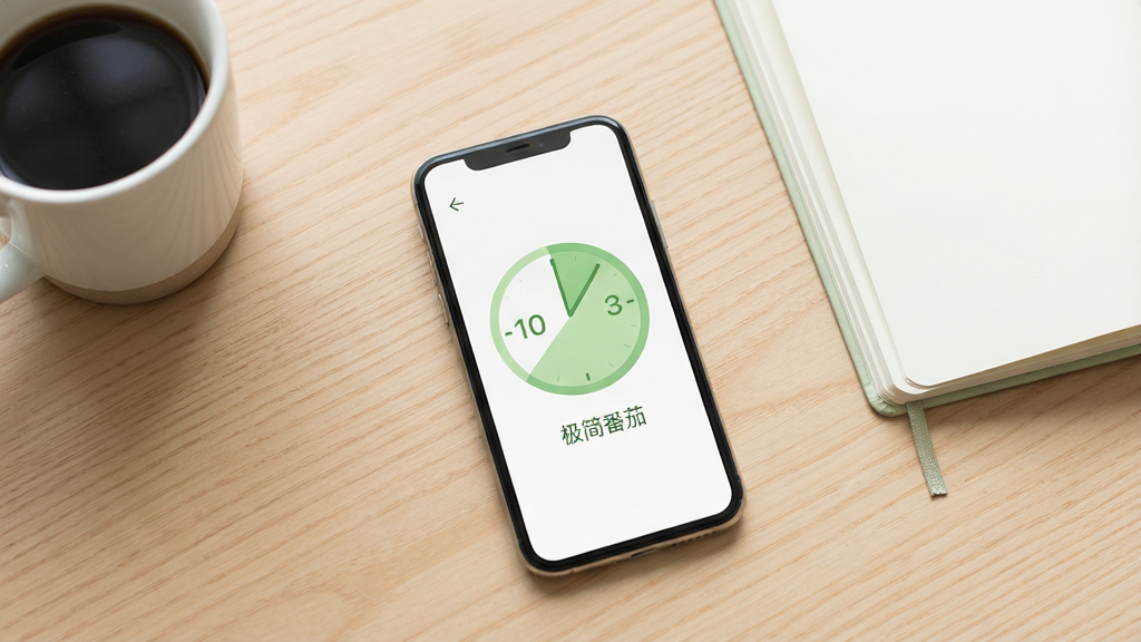 画面中央放置一部智能手机,手机屏幕显示极简番茄应用界面,界面以白色和浅绿色为主,有一个醒目的圆形倒计时表盘和“极简番茄”文字。背景为干净的浅木色书桌,桌上有一杯咖啡和一本打开的笔记本。整体风格清新简约,光线柔和明亮,画质清晰,无多余元素。