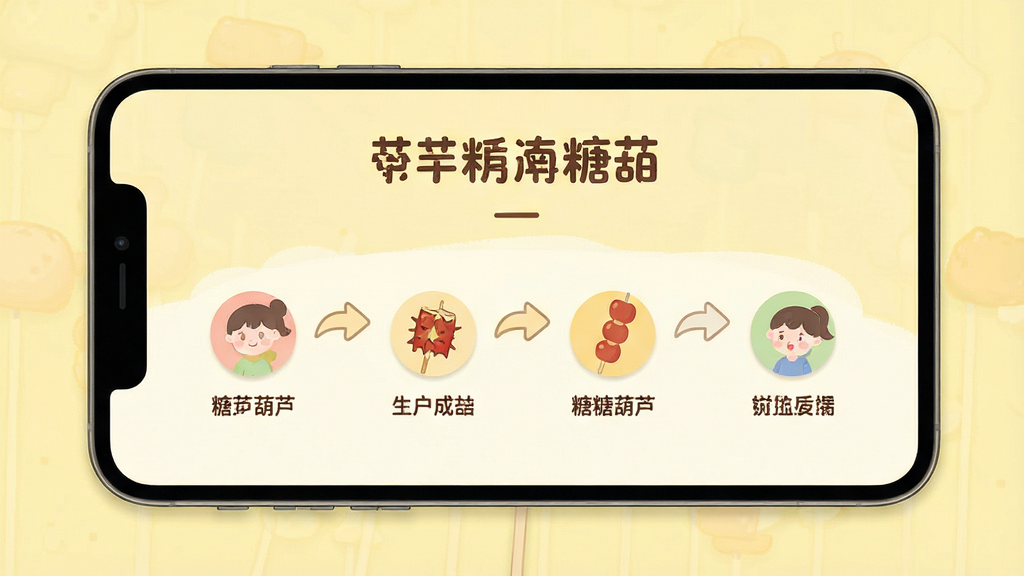 一张展示糖葫芦应用新手引导页面的图片,屏幕上有步骤指示箭头和功能图标说明,背景为淡黄色,风格简洁友好,画质清晰,干净无多余元素