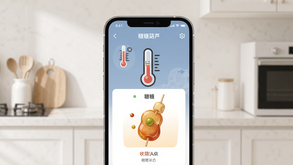 一张展示糖葫芦应用内熬糖温度提示界面的图片,屏幕上有温度计图标和糖浆状态示意图,背景为浅色厨房环境,风格简洁现代,画质清晰,干净无多余元素
