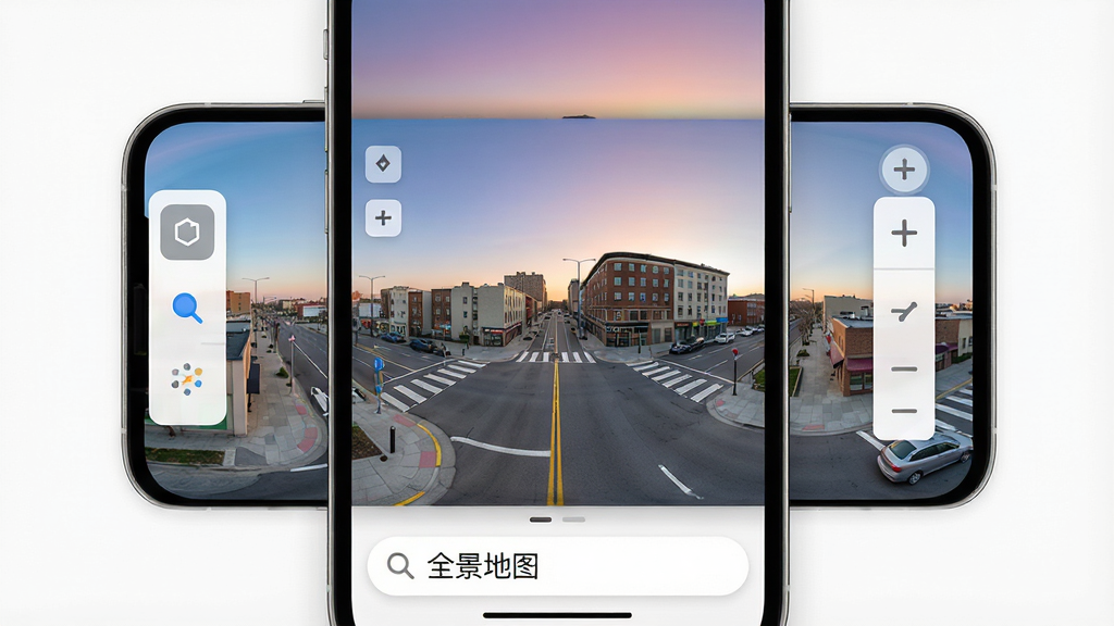 一张手机屏幕展示全景地图应用主界面的图片,画面中央是360度旋转的城市街道全景视图,左侧悬浮图层切换按钮,右侧缩放与方向控制条,底部搜索框显示“全景地图”字样,整体布局清晰,风格现代简洁,细节包含道路标线、建筑立面、天空渐变,画质高清,干净无多余元素