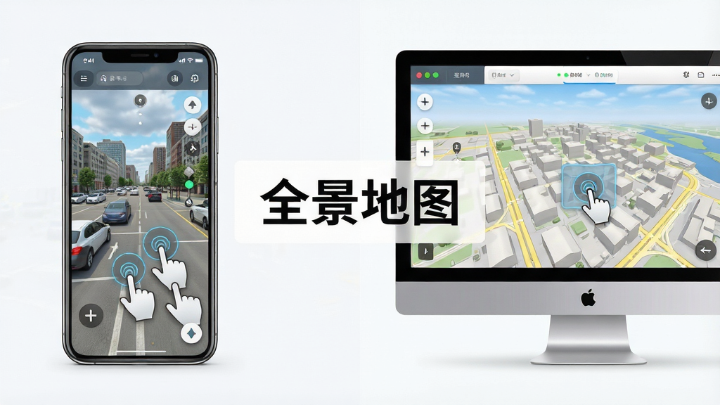 一张展示全景地图在手机与电脑端同时使用的对比图,左侧手机屏幕显示触控旋转街景,右侧电脑屏幕显示鼠标拖拽浏览,画面中央有“全景地图”软件名称,布局为左右对比排版,风格简洁科技,细节包含设备边框、操作手势图标、界面元素,画质高清,干净无多余元素
