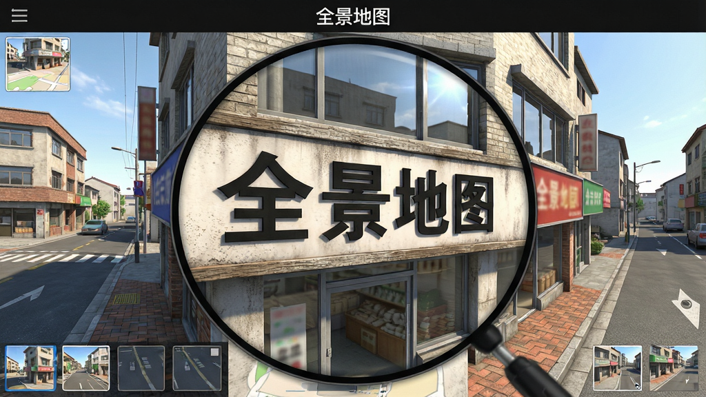 一张全景地图软件中放大查看街景细节的图片,画面聚焦于路口一家店铺的招牌文字,周围建筑与道路清晰可见,屏幕上方显示“全景地图”字样,布局为局部放大视图加边缘缩略导航,风格写实明亮,细节包含招牌纹理、窗户反光、路面砖缝,画质高清,干净无多余元素