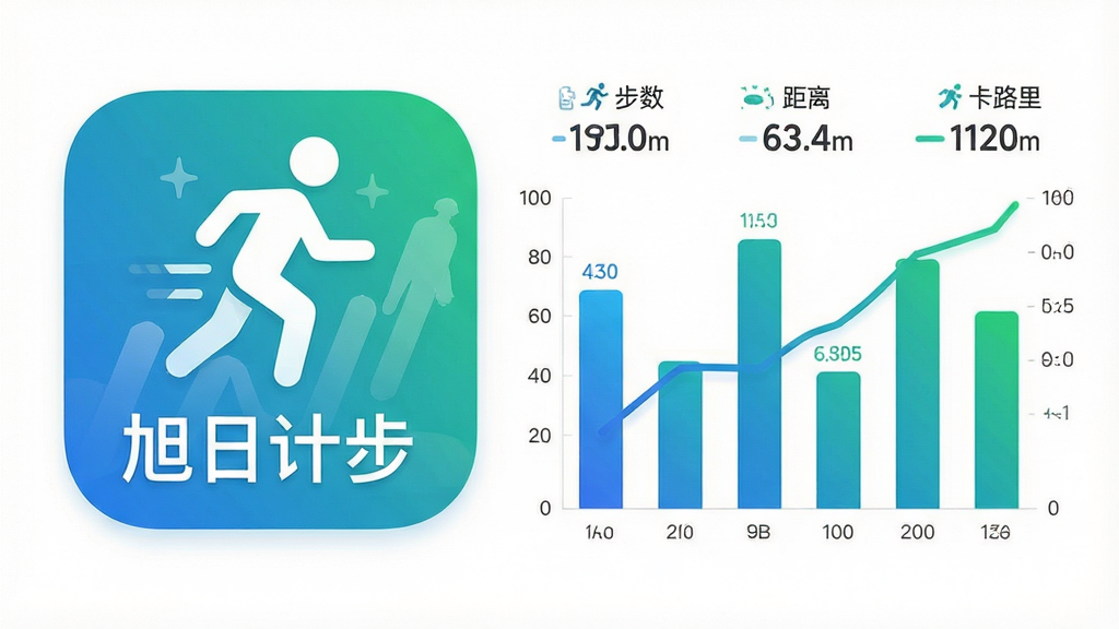 一张信息图表风格的图片,画面左侧是“旭日计步”应用图标,右侧展示柱状图和折线图组合,图表上标注着步数、距离和卡路里数据,背景为干净的白色,图表颜色采用蓝绿渐变,整体排版整齐,风格商务简洁,画质高清干净,无多余元素