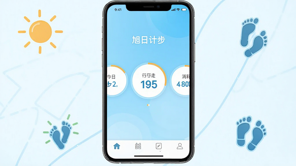 一张手机屏幕展示运动计步应用的界面截图,画面中央是“旭日计步”应用的主页,显示今日步数、行走距离和消耗卡路里三个圆形数据卡片,背景为浅蓝色渐变,底部有清晰的导航栏图标,手机周围环绕着简约的太阳和脚步图标,整体风格清新明快,画质清晰干净,无多余元素