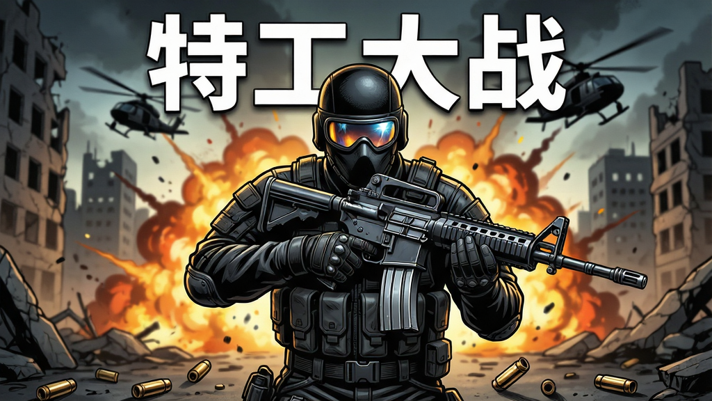 一张以特工大战为主题的手机游戏宣传图,画面主体是一位身穿黑色战术装备的特工角色手持突击步枪站在城市废墟中央,背景是爆炸火光与直升机剪影,布局采用中心构图,主体占画面三分之二,风格为写实美式漫画风,细节包括特工面罩反光、枪械金属质感、地面弹壳散落,画质高清干净无多余元素,图片上方居中位置用白色粗体字写