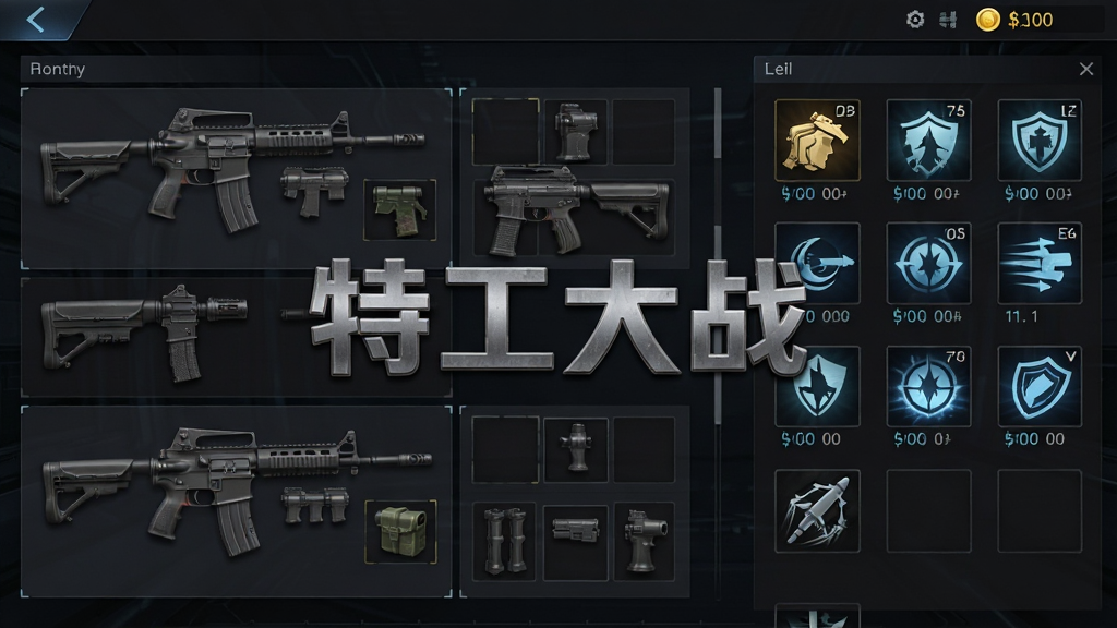 一张特工大战装备界面的展示图,画面主体是游戏内武器库与技能面板,布局为左右分栏左侧展示枪械模型右侧展示技能图标,排版整齐有序,风格为深色科技感游戏UI,细节包括枪械配件槽位、技能冷却倒计时、金币数量显示,画质高清干净无多余元素,图片中央用金属质感字体写