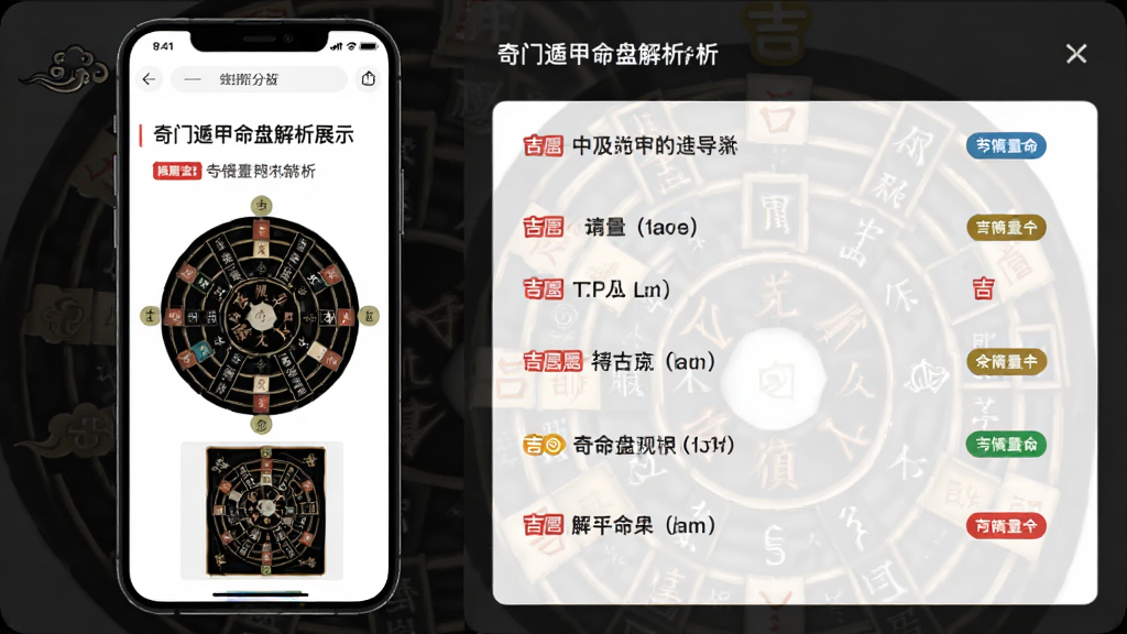 奇门遁甲命盘解析界面展示,主体为手机屏幕显示分析文字与盘面缩略图,布局为左侧盘面右侧解析列表,排版分栏清晰,风格为现代简约玄学风,细节包含吉凶标注彩色标签,画质高清干净无多余元素。