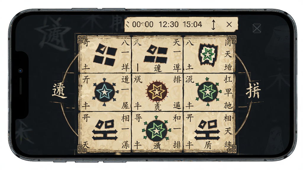 奇门遁甲智能排盘功能展示,主体为手机屏幕显示九宫格盘面,布局为上方时间选择下方排盘结果,排版采用传统九宫格式,风格为古典术数风,细节包含八门名称九星图标天干地支文字,画质高清干净无多余元素。