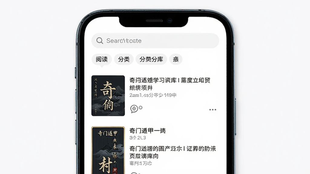 奇门遁甲学习资料库界面展示,主体为手机屏幕显示文章列表与分类标签,布局为顶部搜索栏下方列表,排版整齐,风格为阅读类应用简约风,细节包含封面缩略图与标题文字,画质高清干净无多余元素。