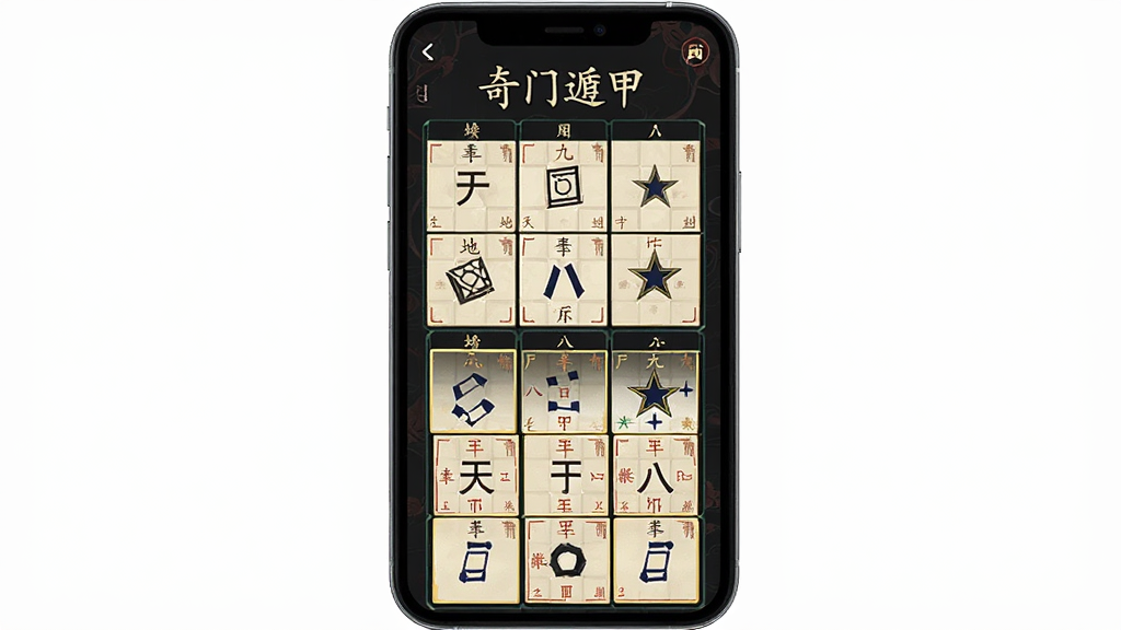 奇门遁甲软件主界面展示,主体为手机屏幕中央显示九宫格排盘图,布局为上下结构上方标题下方盘面,排版整齐清晰,风格为中国传统玄学简约风,细节包含天干地支、八门九星标注,画质高清干净无多余元素。