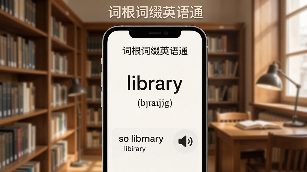 一张展示词根词缀英语通发音与例句界面的图片,画面中央是手机屏幕,屏幕上显示单词“library”和音标,下方有例句和喇叭图标,背景是安静的图书馆一角,风格为温馨学习风,细节包括屏幕上方有“词根词缀英语通”字样,画质清晰,干净,无多余元素