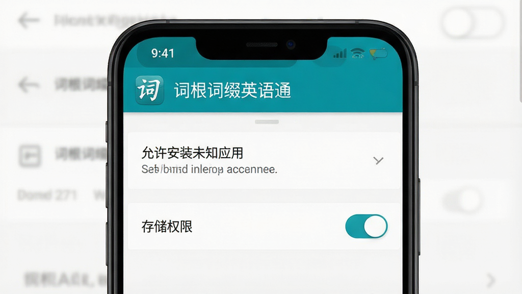 一张展示词根词缀英语通安装与权限设置界面的图片,画面中央是手机屏幕,屏幕上显示“允许安装未知应用”和“存储权限”开关,背景是简洁的设置界面,风格为教程图示风,细节包括屏幕上方有“词根词缀英语通”字样,画质清晰,干净,无多余元素