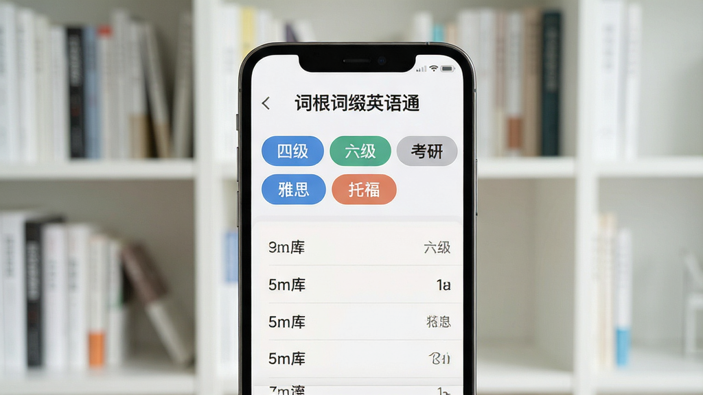 一张展示词根词缀英语通词库分类界面的图片,画面中央是手机屏幕,屏幕上显示“四级”“六级”“考研”“雅思”“托福”等标签按钮,下方是单词列表,背景是干净的书架,风格为简约学习风,细节包括屏幕上方有“词根词缀英语通”字样,画质清晰,干净,无多余元素