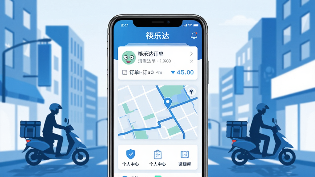 画面中央展示一部智能手机,屏幕上显示“筷乐达”应用主界面,界面中包含订单列表、地图导航、个人中心三个主要区域,背景为城市街道与配送骑手剪影,整体采用蓝白配色,构图简洁清晰,风格为扁平化科技插画,细节上突出订单卡片与地图路径,画质高清,干净,无多余元素