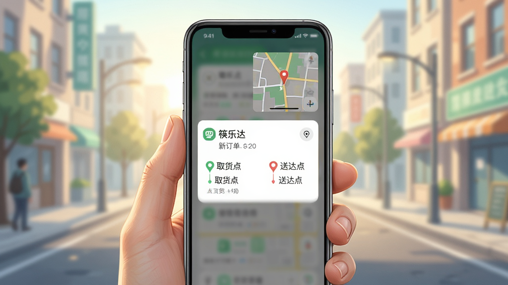 画面主体为一只手持智能手机,屏幕上弹出“筷乐达”新订单通知卡片,卡片上标注取货点与送达点,背景为清晨城市街道,色调明亮清新,构图以手机屏幕为视觉中心,风格为写实数码插画,细节突出通知弹窗与地图小窗,画质清晰,干净,无多余元素