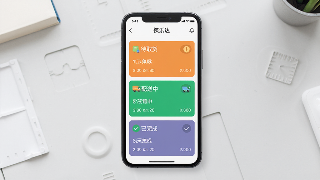 画面展示“筷乐达”订单管理页面,手机屏幕上排列着不同状态的订单卡片,分别标注“待取货”“配送中”“已完成”,卡片颜色区分明显,背景为简洁的浅灰色工作台,构图以手机界面为主体,风格为扁平化UI展示图,细节突出状态标签与时间戳,画质清晰,干净,无多余元素