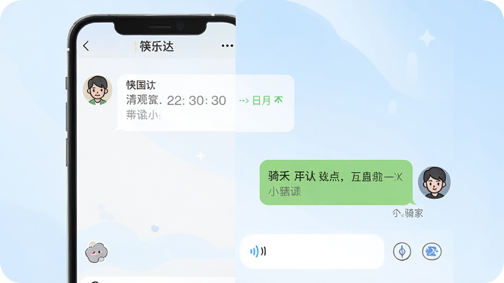 画面展示“筷乐达”应用内聊天界面,手机屏幕左侧显示商家头像与消息气泡,右侧显示骑手回复内容,底部有语音输入按钮,背景为柔和的浅蓝色渐变,构图以对话气泡为视觉重点,风格为清爽社交界面插画,细节突出消息时间与已读状态,画质清晰,干净,无多余元素