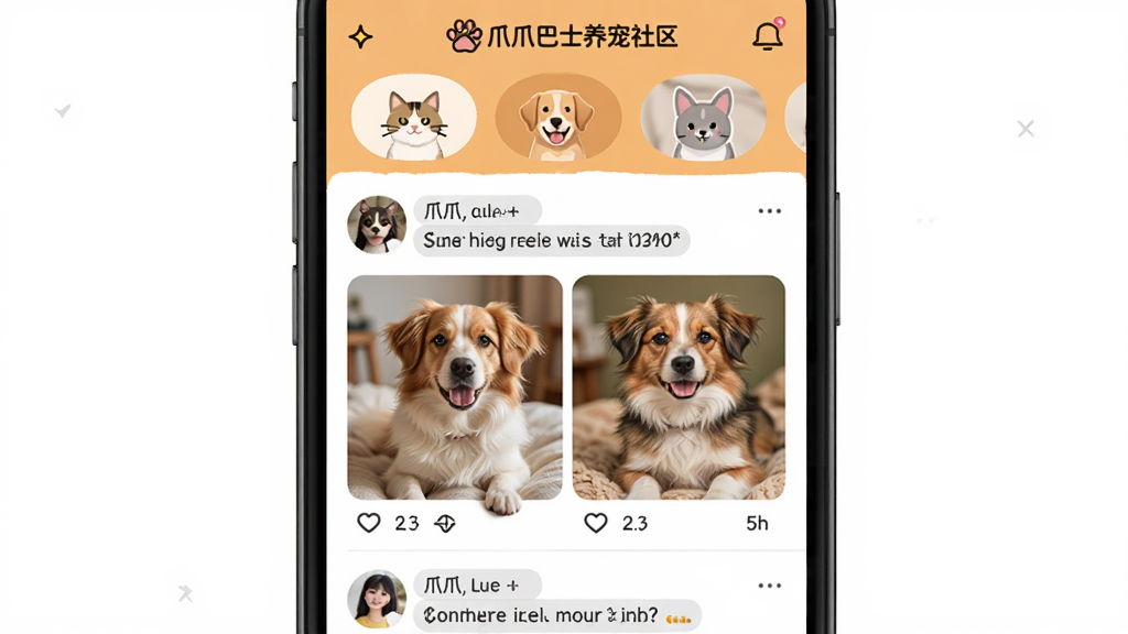 爪爪巴士养宠社区界面,画面展示手机屏幕上的信息流页面,包含多张宠物照片和用户互动评论,顶部有猫咪、狗狗、异宠等分类标签,整体色调温暖活泼,风格亲切自然,画质清晰干净,无多余元素