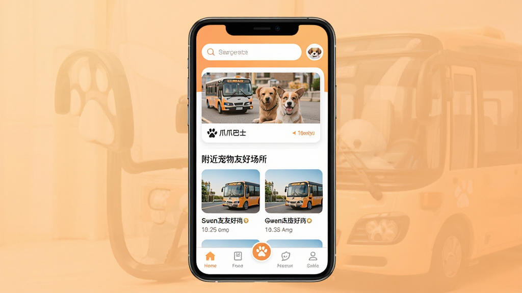 爪爪巴士APP主界面展示图,画面中央是一部智能手机,屏幕上显示爪爪巴士应用程序的首页界面,顶部有搜索栏和宠物头像图标,中部展示宠物专车预约卡片和附近宠物友好场所列表,底部为导航菜单栏,背景为温暖的浅橙色渐变,风格清新简约,细节清晰,画质干净明亮,无多余元素