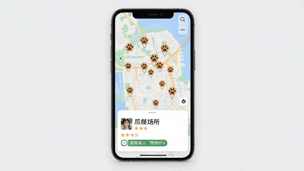 爪爪巴士宠物友好地图功能展示,画面中手机屏幕显示城市地图,地图上分布着多个爪爪巴士爪印图标标记,下方弹出场所详情卡片,包含场所名称、评分和宠物准入标签,背景为浅灰色,风格清爽整洁,画质干净,无多余元素