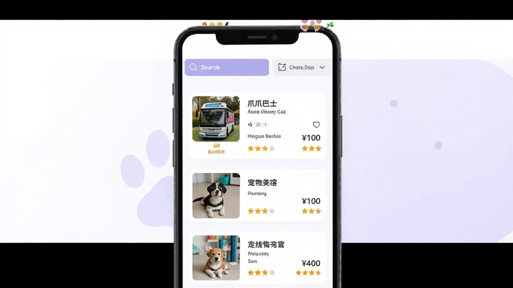 爪爪巴士在线服务预约页面,画面中手机屏幕显示宠物美容服务列表,每项服务包含商家图片、服务名称、价格和评分星级,顶部有搜索和筛选按钮,背景为白色和浅紫色搭配,风格干净利落,画质清晰,无多余元素