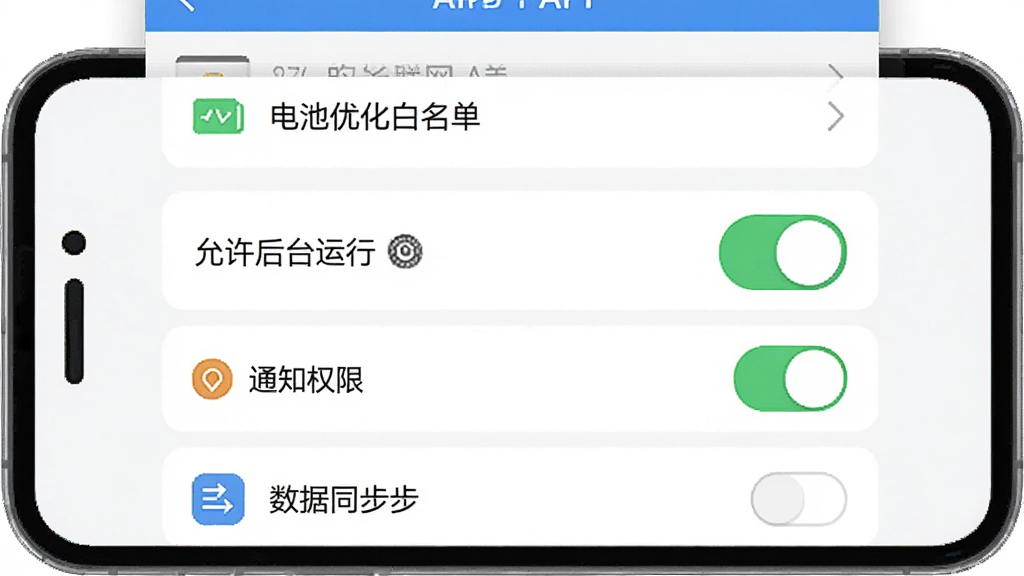 主体为安消物联网APP在手机后台运行设置界面的截图示意,布局采用手机界面居中展示,排版突出“允许后台运行”开关按钮。风格为简洁明了的UI示意图,细节包括电池优化白名单选项、通知权限开关、数据同步图标,画质高清干净无多余元素