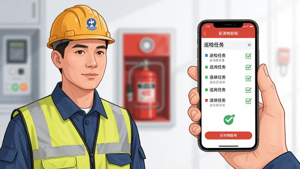 主体为一名安全巡检人员手持手机使用安消物联网APP进行设备检查,布局采用人物居左手机居右的对比构图,排版简洁明了,风格为写实商务插画,细节包括手机屏幕显示巡检任务列表、消防设备背景、检查勾选图标,画质高清干净无多余元素