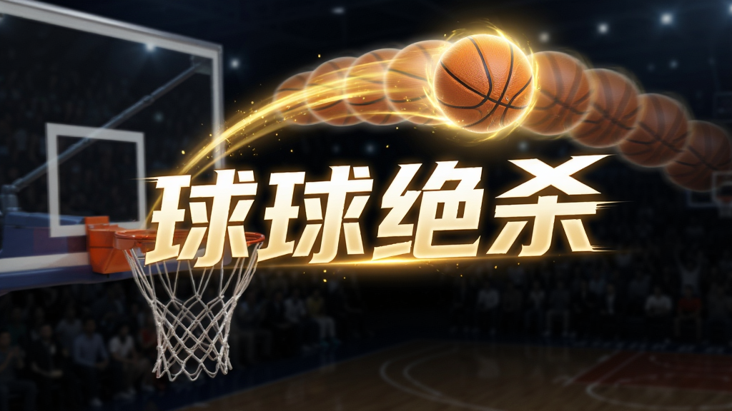 一个篮球游戏中的绝杀时刻画面,一个发光的篮球在空中划出弧线飞向篮筐,周围有金色的光芒特效和慢动作残影,背景是暗色调的球场,画面中央用发光字体写着