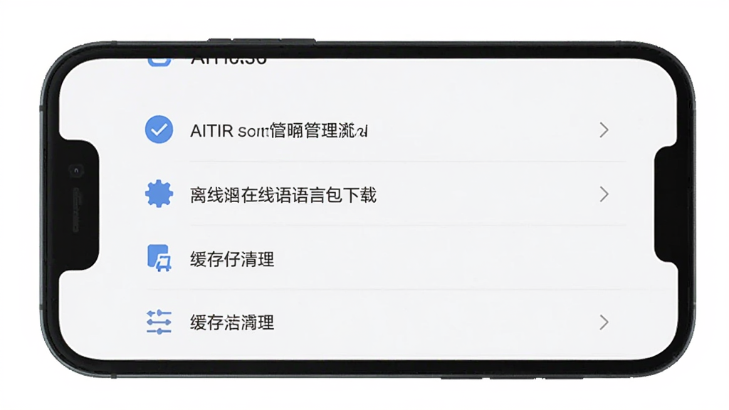 手机屏幕显示 AITIR 软件设置页面,包含权限管理、离线语言包下载、缓存清理等选项,界面简洁,背景为纯白色,风格扁平化,细节清晰,画质干净,无多余元素
