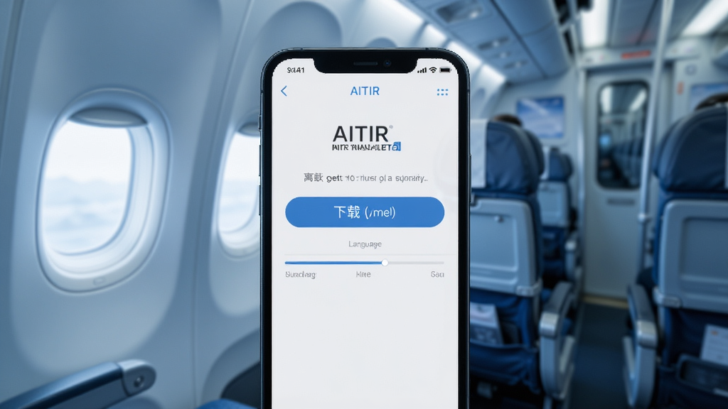 手机屏幕显示 AITIR 离线翻译设置页面,页面中有语言包下载按钮和进度条,背景为飞机客舱或地铁车厢,风格简约,色调偏冷,细节清晰,画质干净,无多余元素