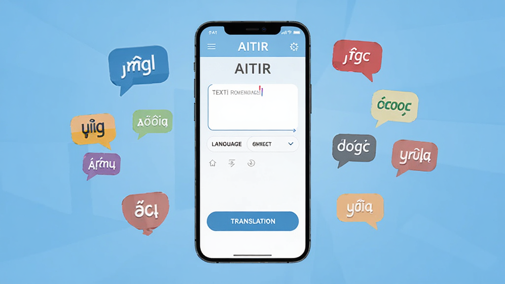 画面中央放置一部智能手机,屏幕显示 AITIR 软件主界面,界面包含文本输入框、语言选择栏和翻译按钮,背景为浅蓝色渐变,周围漂浮着多国语言字符气泡,整体风格简洁现代,扁平化设计,细节清晰,画质干净,无多余元素,无杂乱装饰