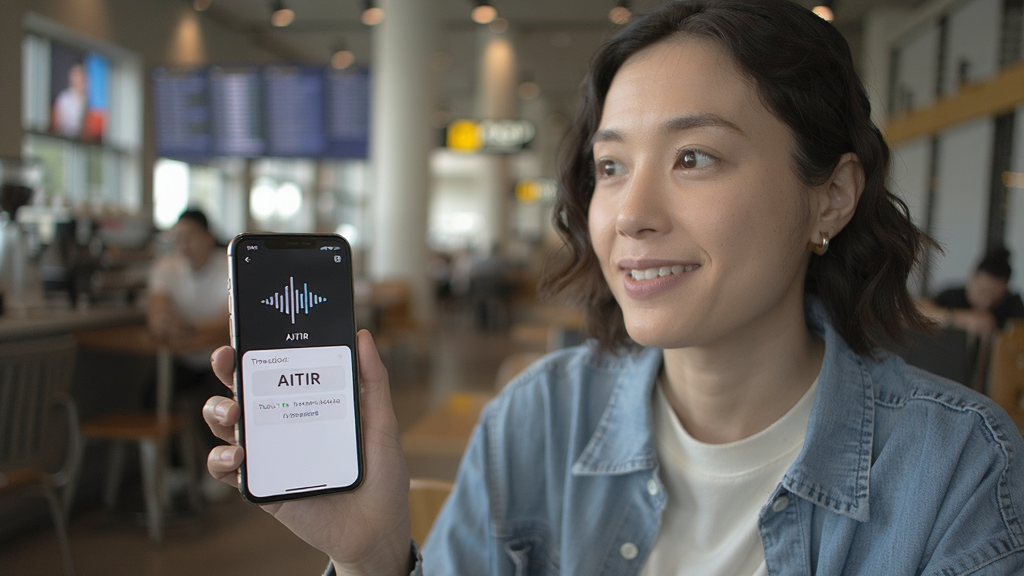 一个人手持手机对着 AITIR 软件说话,手机屏幕显示声波图标和翻译结果,背景为咖啡厅或机场场景,人物表情自然,风格写实,光线柔和,细节丰富,画质干净,无多余元素