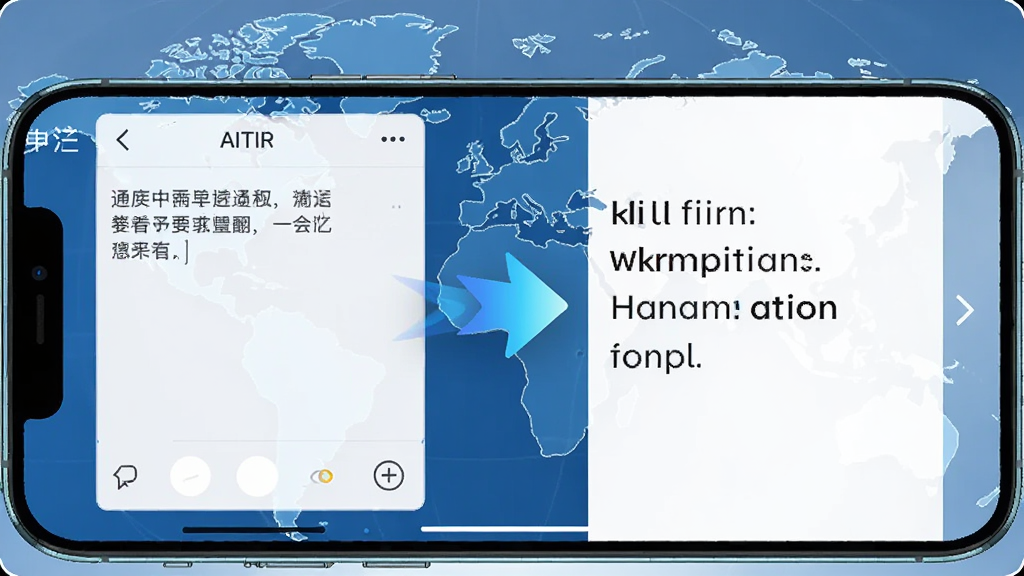 一部手机横屏展示 AITIR 翻译界面,左侧为中文输入区,右侧为英文输出区,中间有动态箭头连接,背景为世界地图轮廓,风格科技感十足,色彩以蓝白为主,细节清晰,画质干净,无多余元素