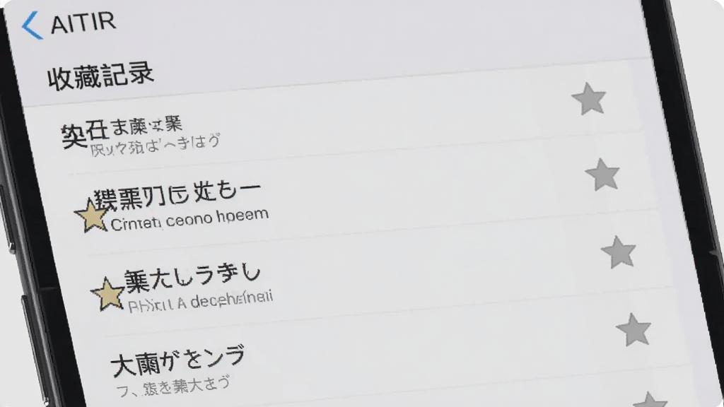 手机屏幕展示 AITIR 历史记录与收藏列表界面,列表项包含中文、英文、日文等翻译条目,右侧有收藏星标图标,背景为浅灰色,风格清爽,排版整齐,细节清晰,画质干净,无多余元素