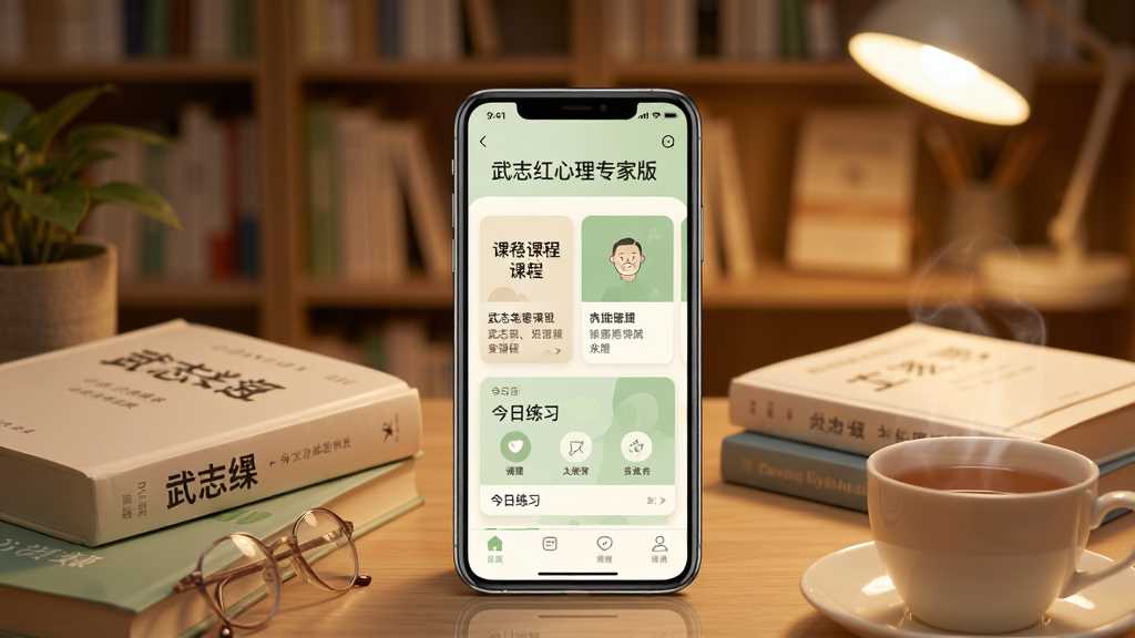 画面中央放置一部智能手机,屏幕显示武志红心理专家版应用主界面,界面以柔和的米白色和浅绿色为主色调,顶部有“武志红心理专家版”字样,中间是课程卡片和今日练习模块。手机周围散落几本心理学书籍和一杯热茶,背景是温馨的书房环境,暖色灯光。整体风格清新治愈,细节丰富,画质清晰,干净整洁,无多余元素。
