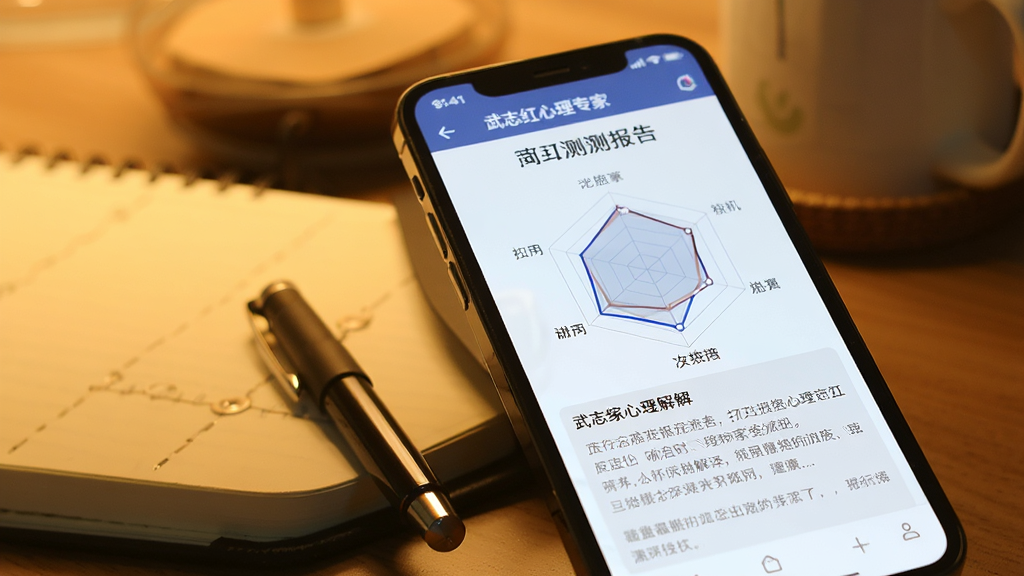 手机屏幕特写,显示武志红心理专家版测评报告页面,有雷达图和文字解读,手机旁边放着一支笔和一本笔记本,背景虚化,暖色调。风格专业且温暖,画质高清,无多余装饰。