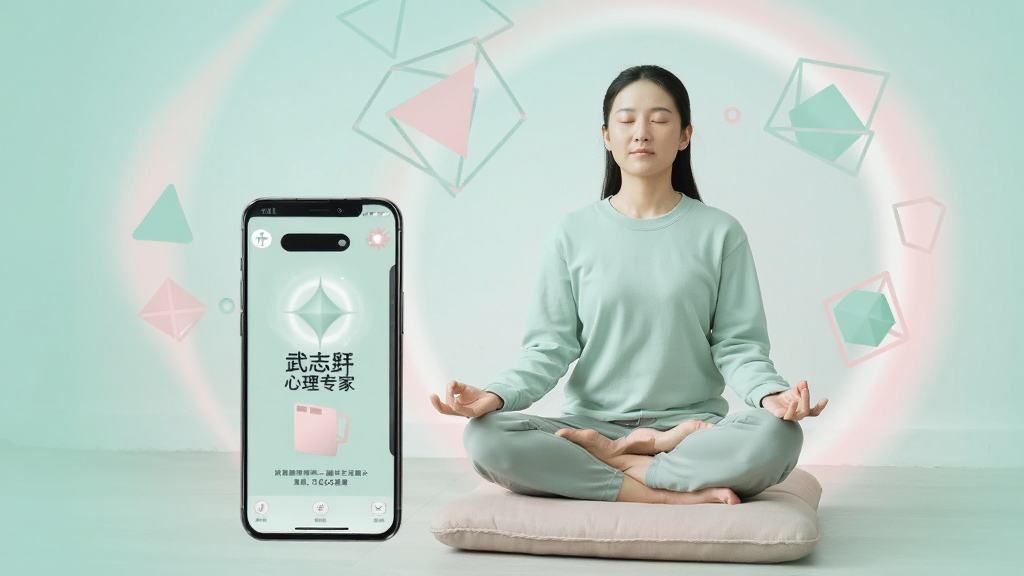 一位用户闭眼盘坐在垫子上,面前手机播放着武志红心理专家版的冥想引导界面,周围环绕着柔和的光晕和飘浮的几何图形,象征平静与专注。画面风格极简治愈,色彩以薄荷绿和淡粉色为主,画质干净,无多余元素。
