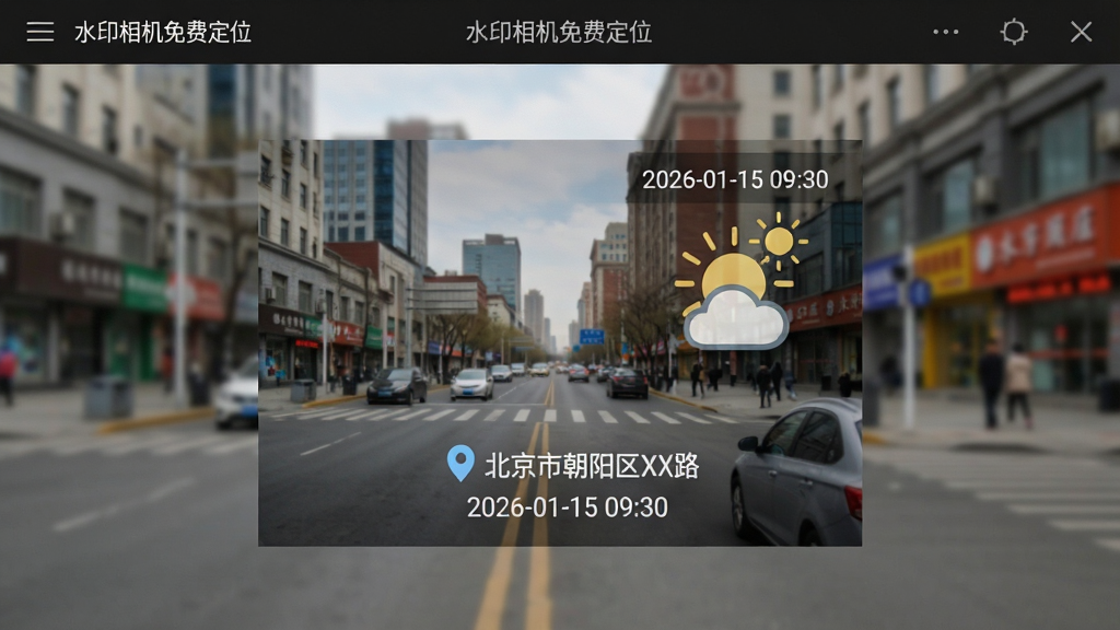 画面以“水印相机免费定位”软件界面为主体,展示一张刚拍摄的照片,照片上叠加了清晰的地点水印“北京市朝阳区XX路”、时间“2026-01-15 09:30”和天气图标,背景是城市街景,布局采用居中构图,风格为真实拍照效果图,细节包括水印文字边缘锐利、照片色彩自然,画质高清,干净,无多余元素