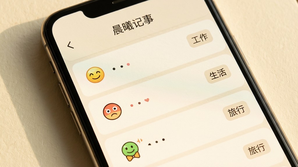 手机屏幕显示“晨曦记事”的时间轴日记页面,每条记录左侧有不同表情的心情图标,右侧有“工作”“生活”“旅行”等标签,背景为米白色纸张纹理,风格温暖治愈,画质干净,无多余元素
