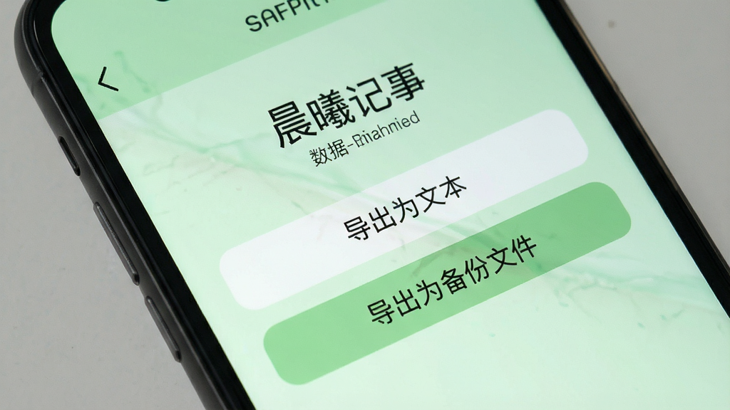 手机屏幕显示“晨曦记事”的数据导出界面,界面中有“导出为文本”“导出为备份文件”两个按钮,背景是淡绿色,画面风格清爽,画质清晰,无多余元素