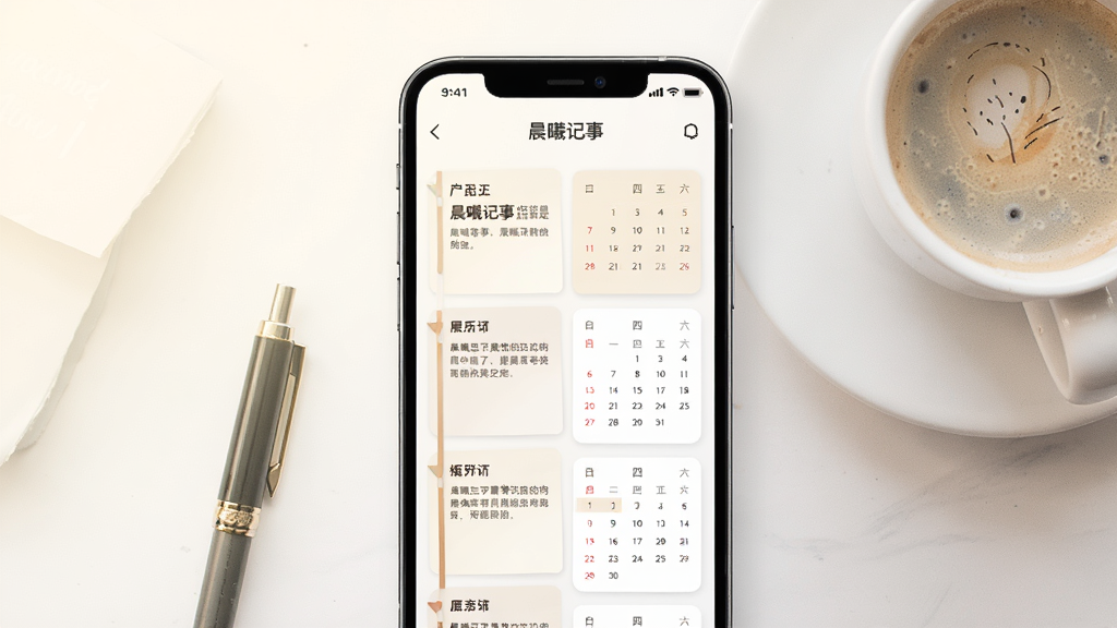 一张展示“晨曦记事”手机应用主界面的产品预览图,画面中央是一部竖屏智能手机,屏幕上显示浅色系便签列表与日历卡片,背景为柔和的暖白色渐变,桌面摆放着一支笔和一杯咖啡,整体风格清新简约,画质清晰,干净,无多余元素