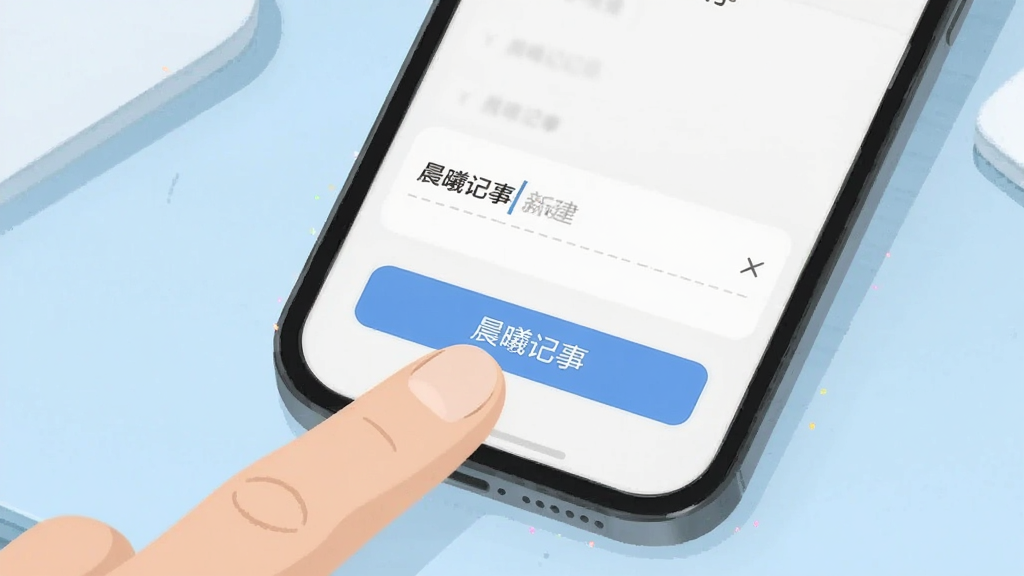 一只手指轻触手机屏幕上的“晨曦记事”新建按钮,界面弹出简洁的输入框,背景是淡蓝色桌面,屏幕中文字清晰可见,画面风格扁平化,光线明亮,画质干净,无多余元素