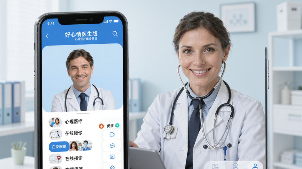好心情医生版 心理医疗服务平台 手机APP界面 医生在线接诊 蓝色主色调 简洁商务风格 高清画质 干净无多余元素