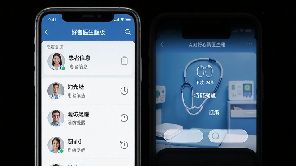 好心情医生版APP患者管理界面 列表展示患者信息 随访提醒功能 手机屏幕 蓝色调 简洁排版 高清画质 干净无多余元素