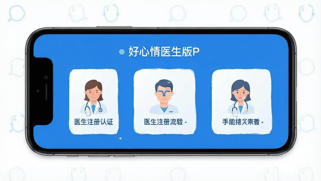 好心情医生版APP使用教程 手机操作步骤 医生注册认证流程 蓝色界面 简洁图示 高清画质 干净无多余元素