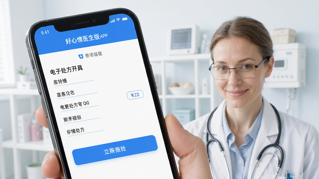 好心情医生版APP电子处方开具界面 医生填写处方信息 手机屏幕 蓝色按钮 简洁医疗风格 高清画质 干净无多余元素