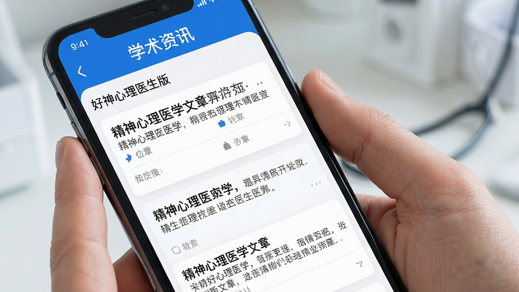 好心情医生版APP学术资讯页面 精神心理医学文章列表 手机屏幕 蓝色主题 简洁阅读界面 高清画质 干净无多余元素